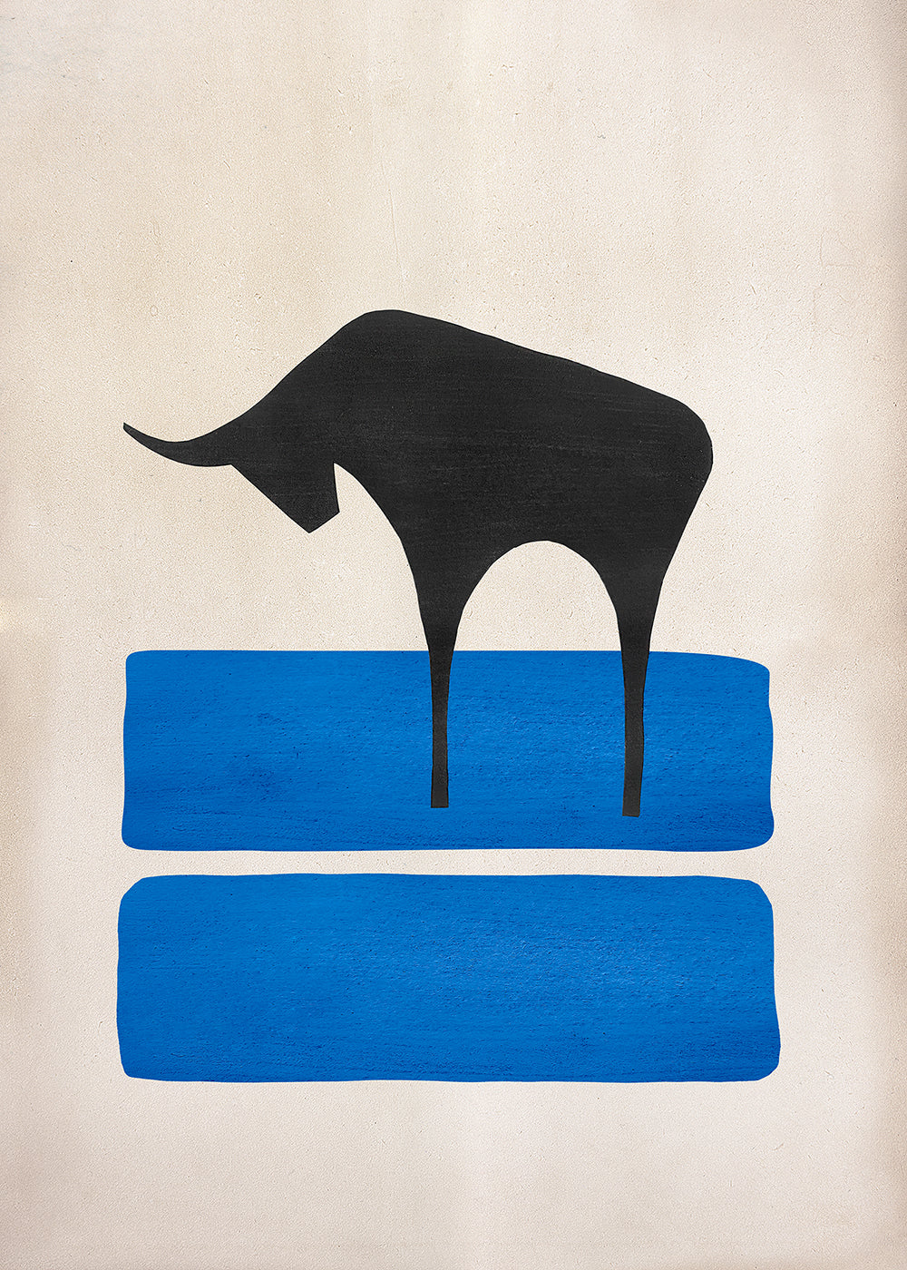 Abstract art piece with a black silhouette of a bull on a beige background