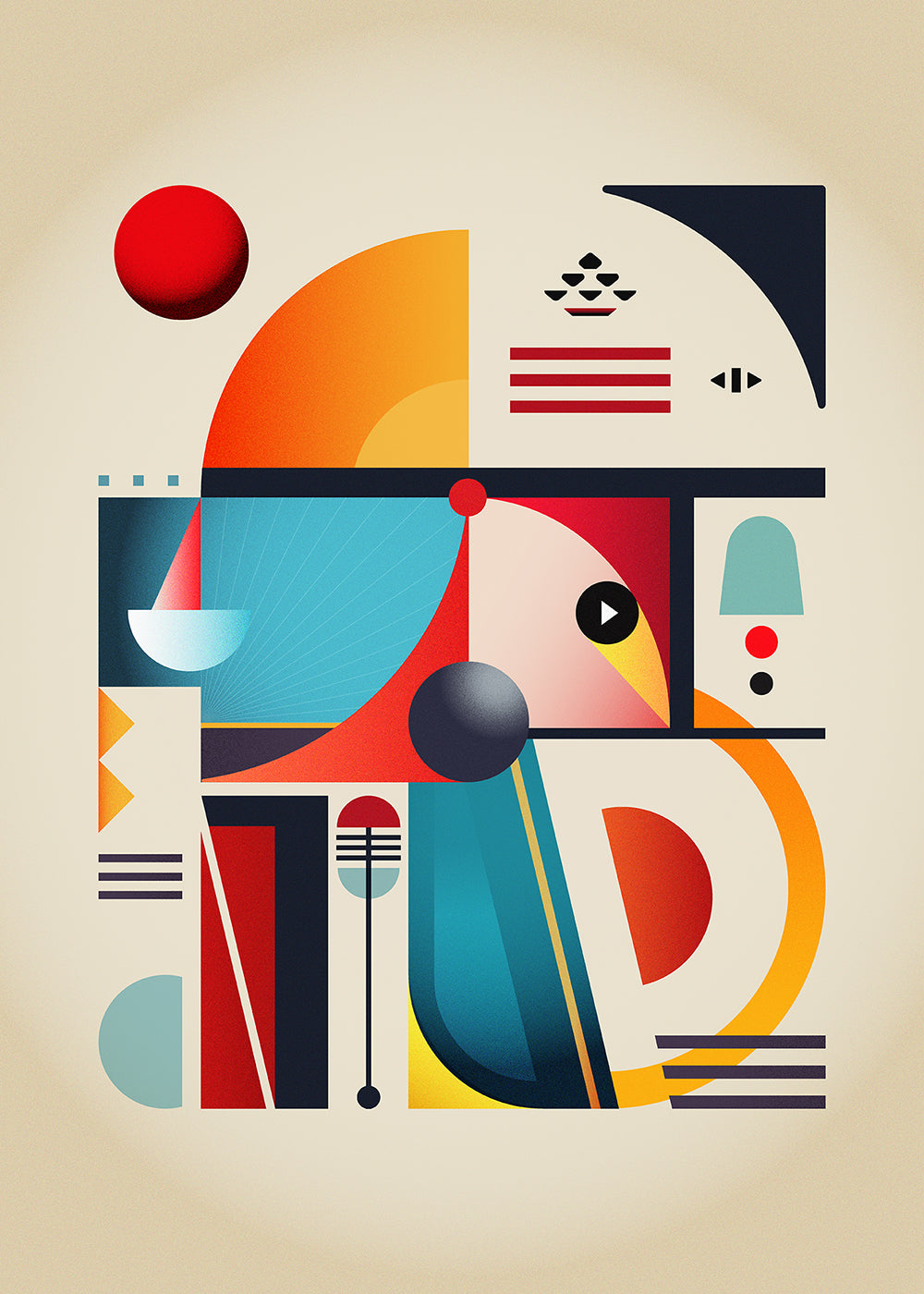 Geometric abstract design with colorful shapes on a beige background